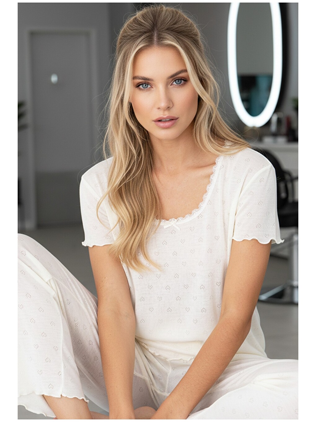 Ekru Pointel Ajurlu/delikli Örme Pijama Takım7893