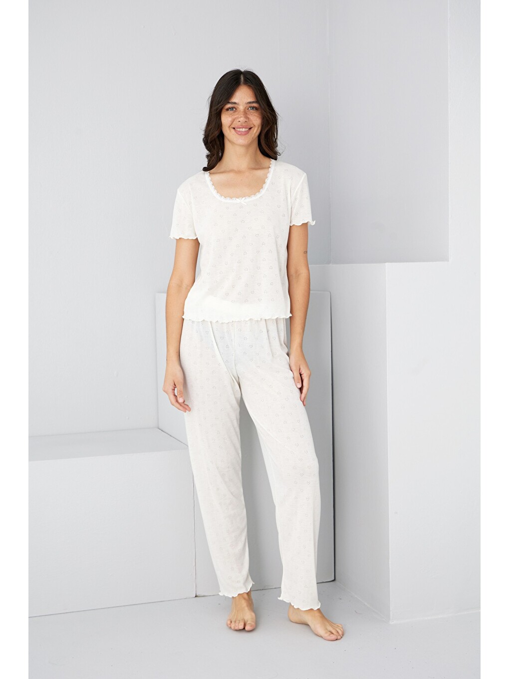 Ekru Pointel Ajurlu/delikli Örme Pijama Takım7893-2
