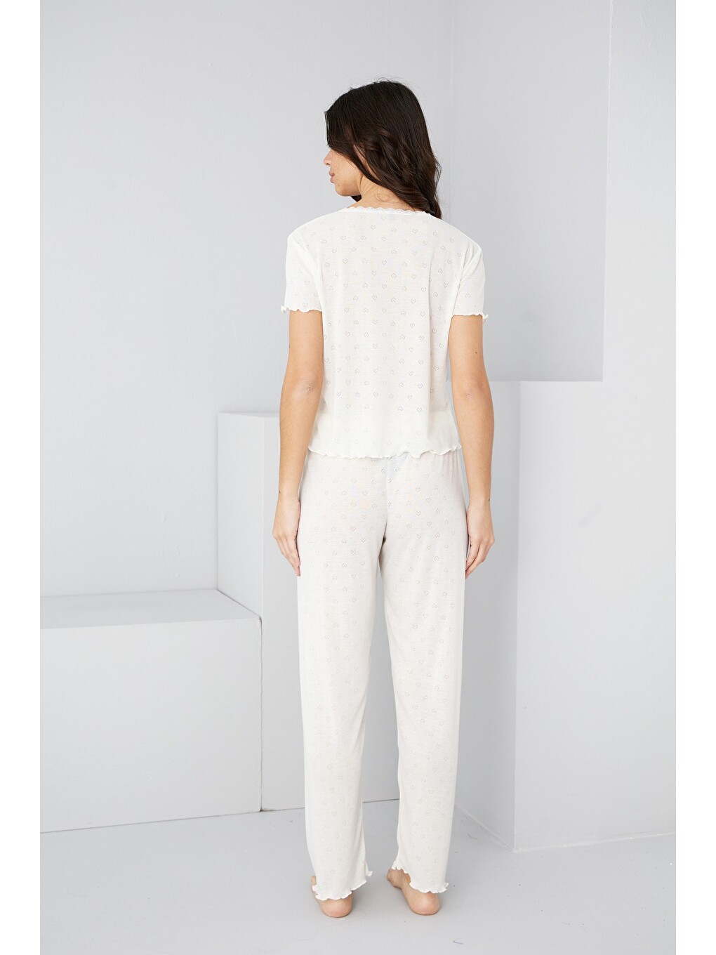 Ekru Pointel Ajurlu/delikli Örme Pijama Takım7893-3