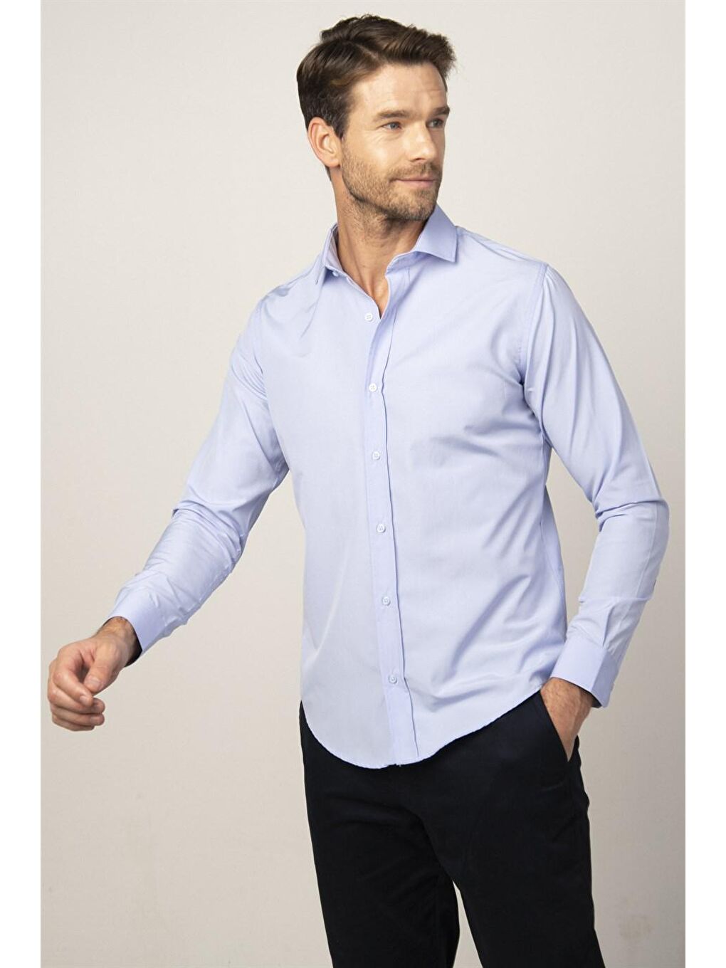 Slim Fit Pamuklu Kolay Ütü Erkek Mavi Gömlek-1