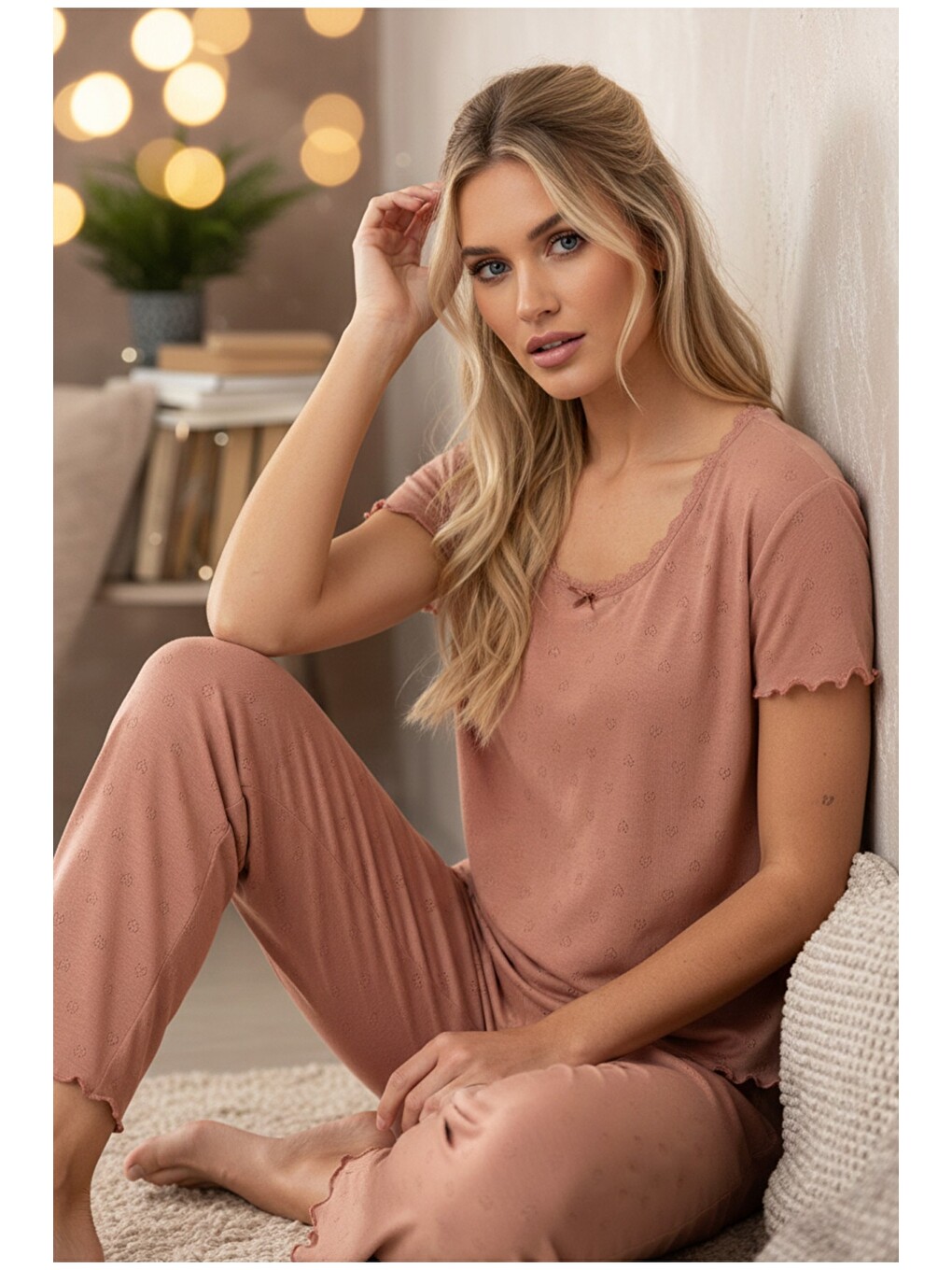 Karışık Pointel Ajurlu/delikli Örme Pijama Takım7893