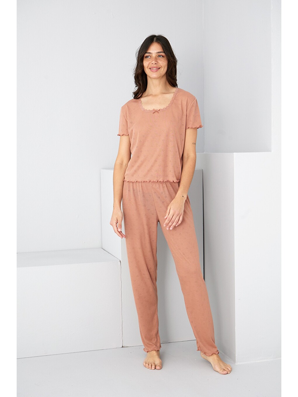 Karışık Pointel Ajurlu/delikli Örme Pijama Takım7893-2