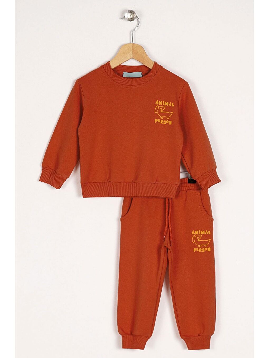 Kahverengi Bisiklet Yaka Uzun Kol Anımal Person Baskılı Kiremit Renk Erkek Çocuk Esofman Takım