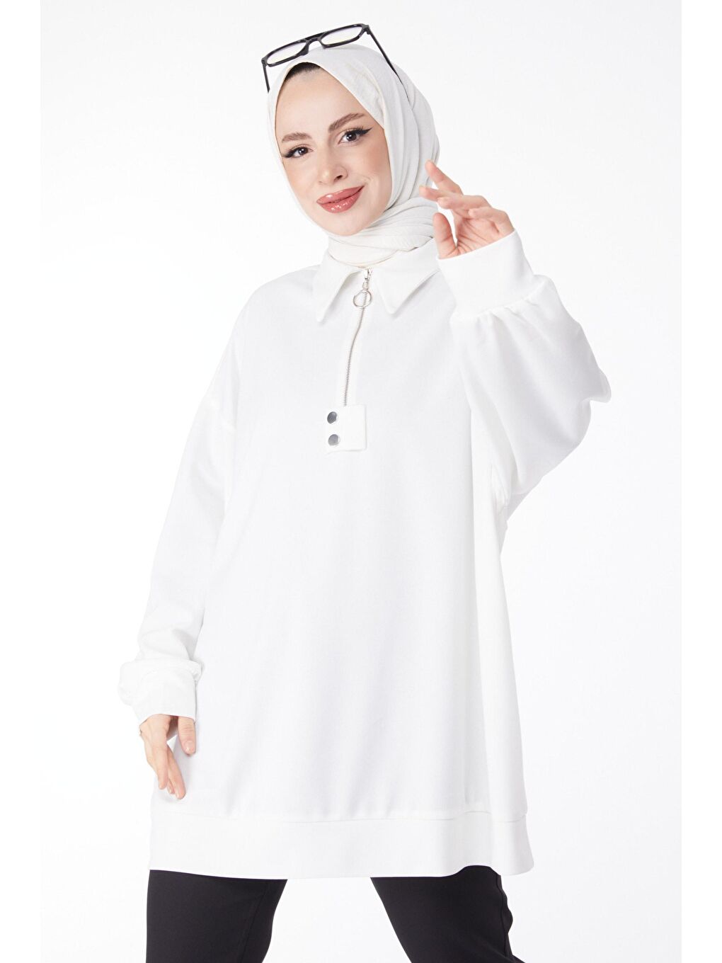 Gömlek Yaka Kadın Beyaz Fermarlı Salaş Tunik - 24605