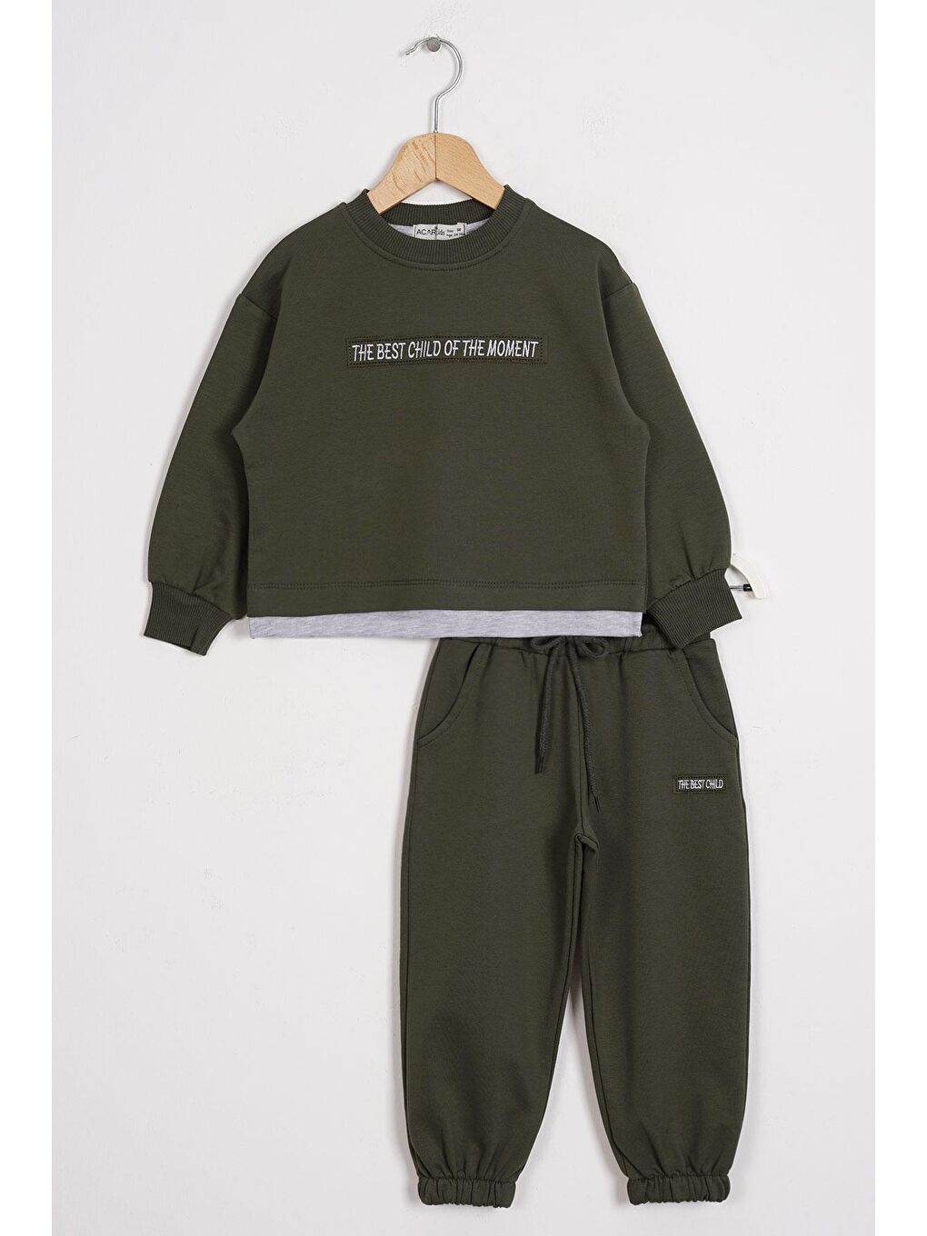 Yazı Baskılı Etek Ucu Garnili Haki Renk Erkek Çocuk Eşofman Takımı