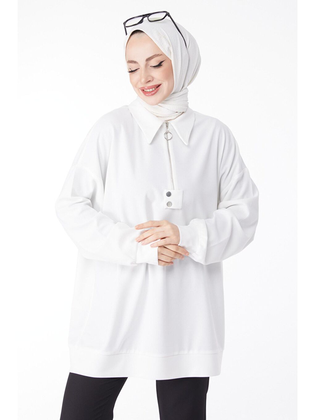 Gömlek Yaka Kadın Beyaz Fermarlı Salaş Tunik - 24605-1