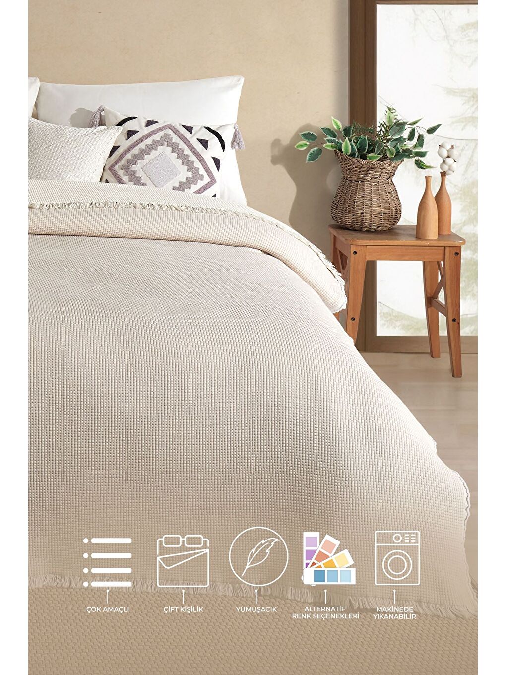 Bej Rubby Müslin Pike Çift Kişilik (210x230 cm) Vizon-1