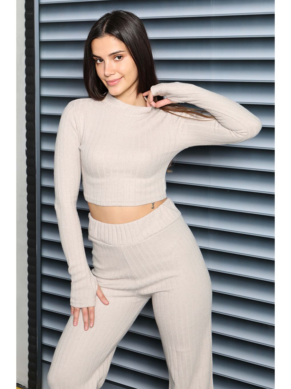 Parmak Geçmeli Kaşkorse İkili Takım Bej - 27820-BEJ-2