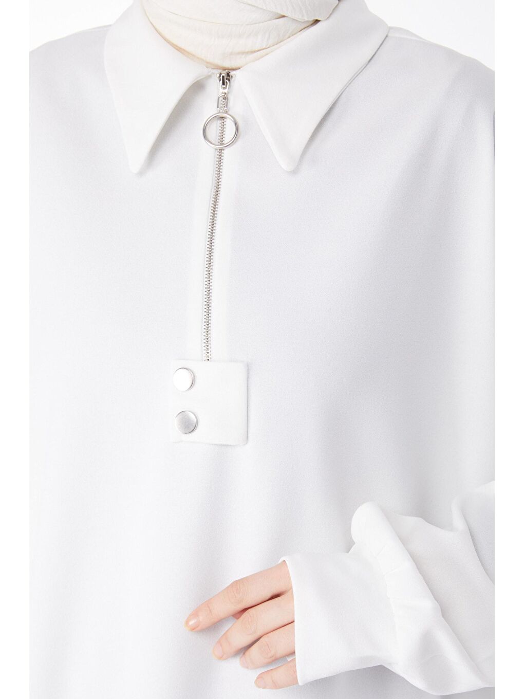 Gömlek Yaka Kadın Beyaz Fermarlı Salaş Tunik - 24605-5