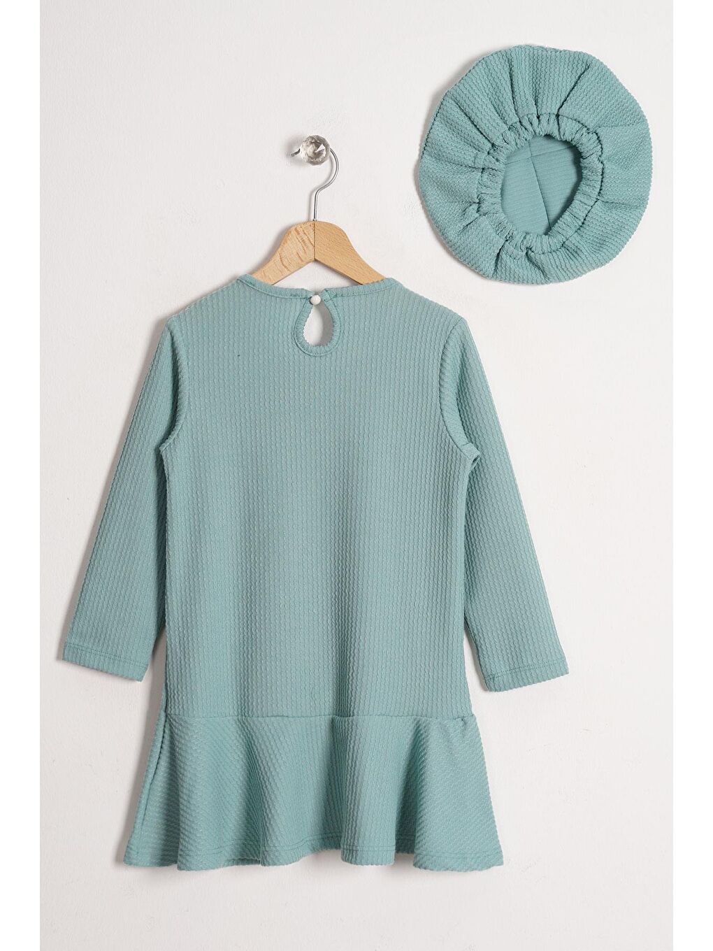 Yeşil Bisiklet Yaka Fiyonk Detaylı Şapka Aksesuarlı Çağla Renk Kız Çocuk Elbise-2