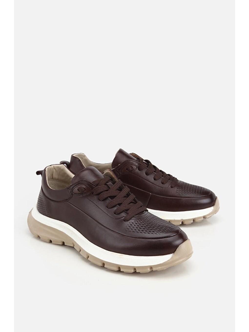 Erkek Kahverengi Deri Kontrast Tabanlı Bağcıklı Sneaker-1