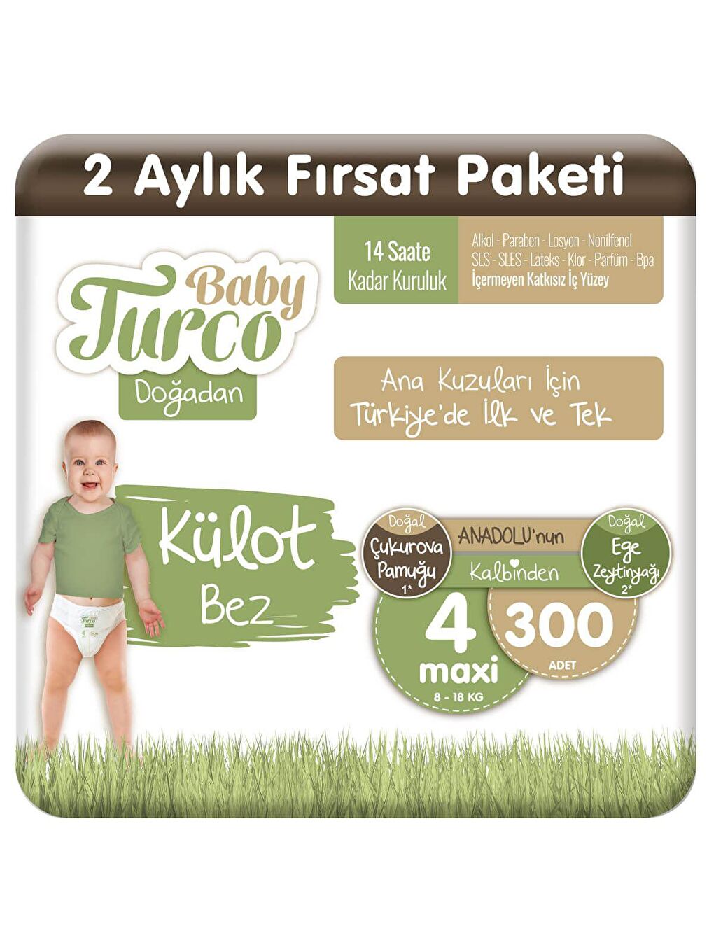 Baby Turco Renksiz Doğadan Külot Bez 4 Numara Maxi 300 Adet