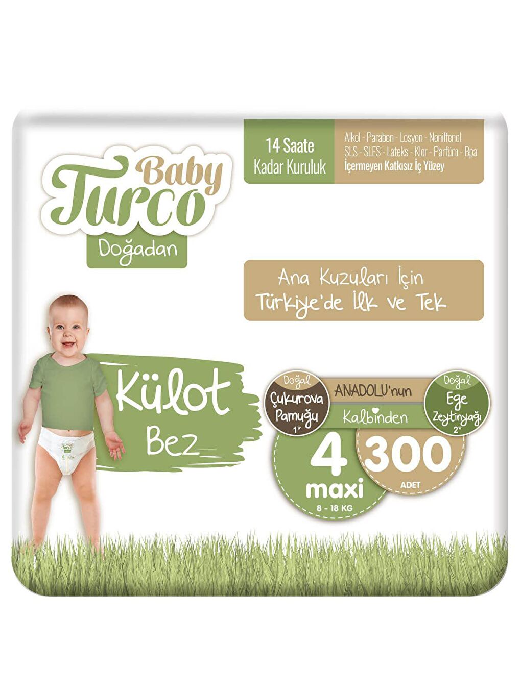 Baby Turco Renksiz Doğadan Külot Bez 4 Numara Maxi 300 Adet - 1