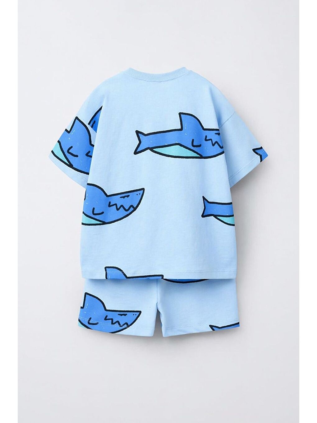 Erkek Çocuk Pamuklu Mavi Köpek Balığı Baskılı T-Shirt Ve Şort Alt Üst Takım-1