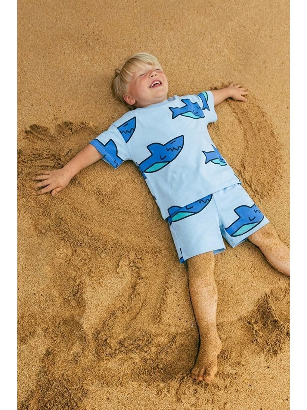Erkek Çocuk Pamuklu Mavi Köpek Balığı Baskılı T-Shirt Ve Şort Alt Üst Takım-2