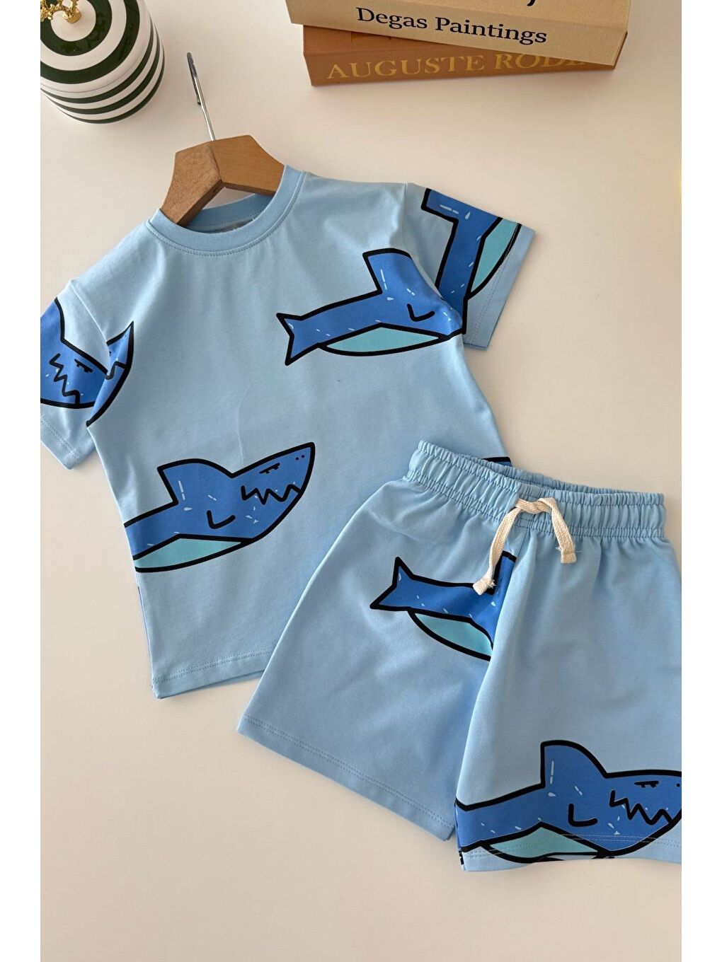 Erkek Çocuk Pamuklu Mavi Köpek Balığı Baskılı T-Shirt Ve Şort Alt Üst Takım-3
