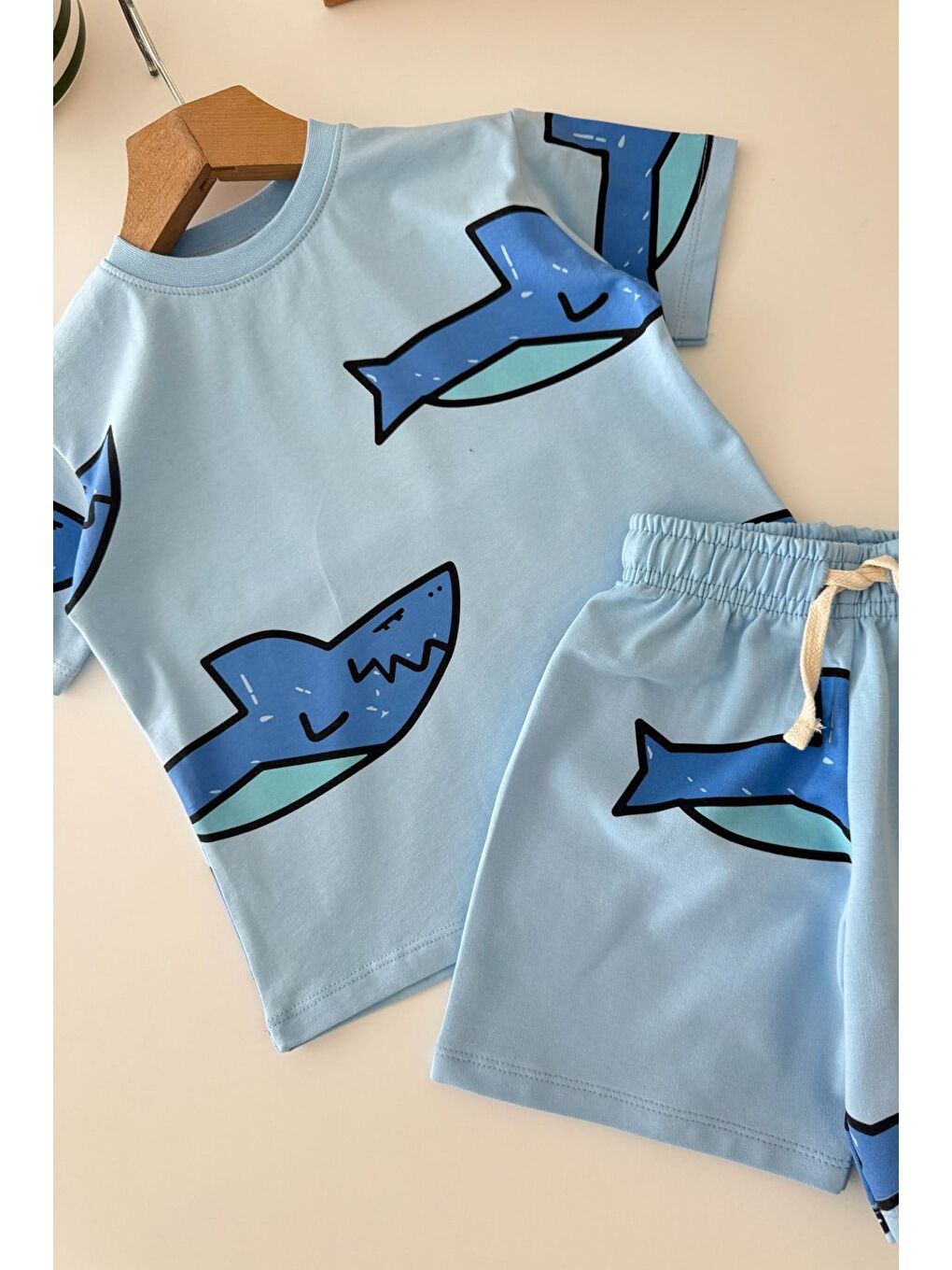Erkek Çocuk Pamuklu Mavi Köpek Balığı Baskılı T-Shirt Ve Şort Alt Üst Takım-4