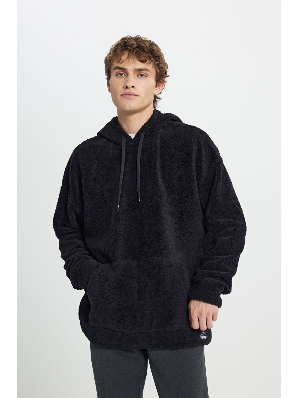 Erkek Siyah Oversize Bol Kesim Kapüşonlu Polar