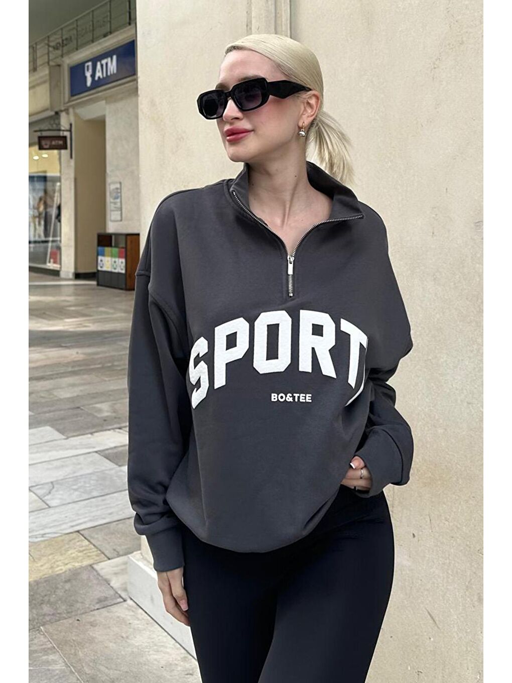 Madmext Gri Füme Yarım Fermuarlı Baskılı Sweatshirt MG2212