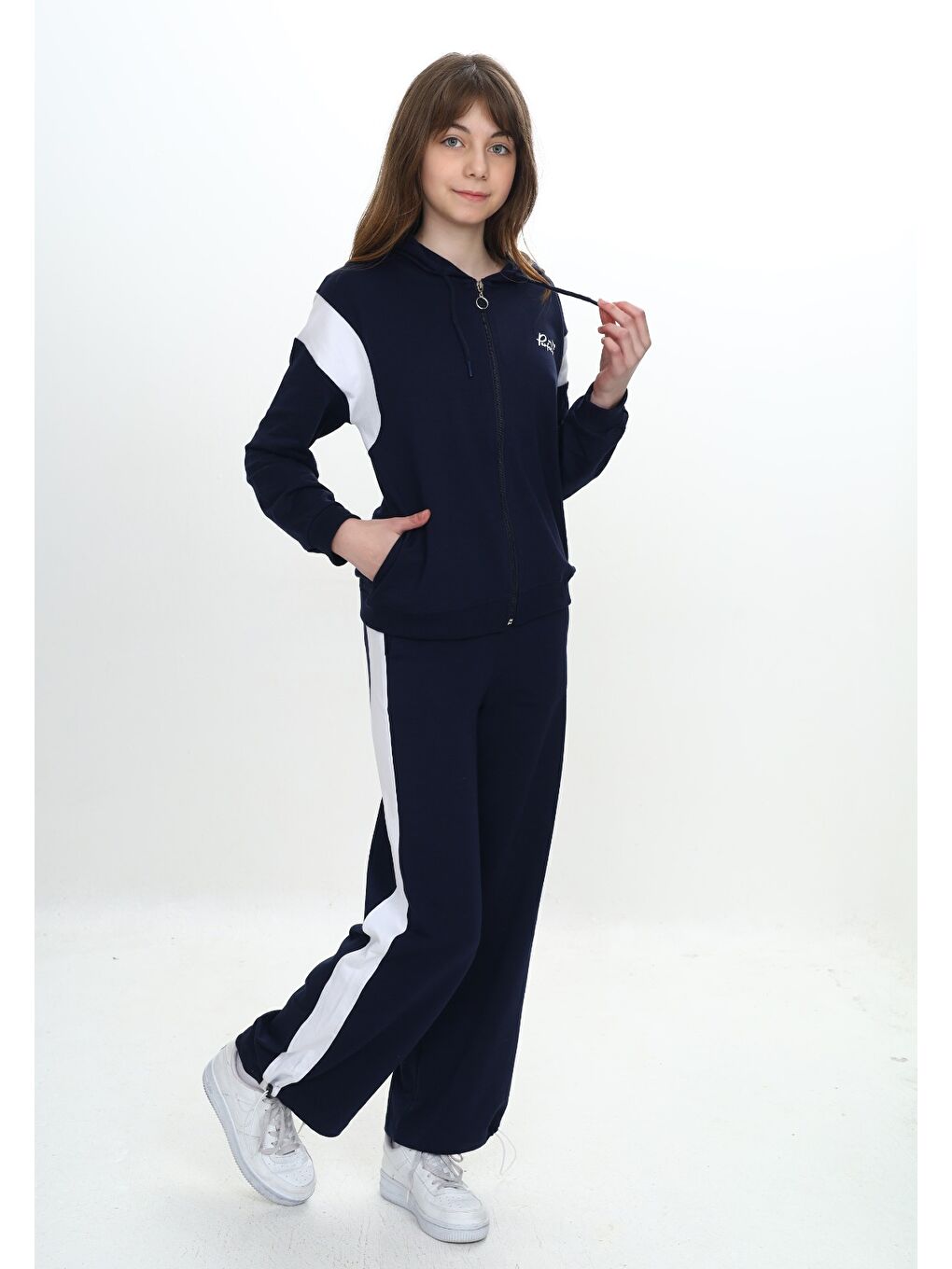 Lacivert Kız Çocuk Fermuarlı Garni Detaylı Eşofman Takım-1