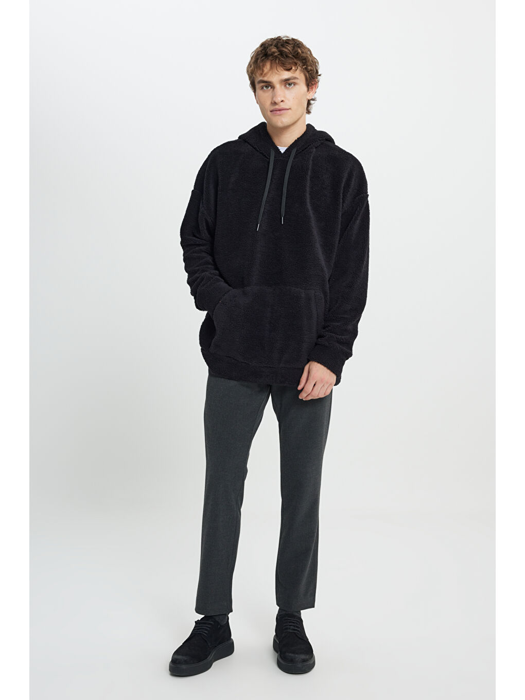 Erkek Siyah Oversize Bol Kesim Kapüşonlu Polar-1