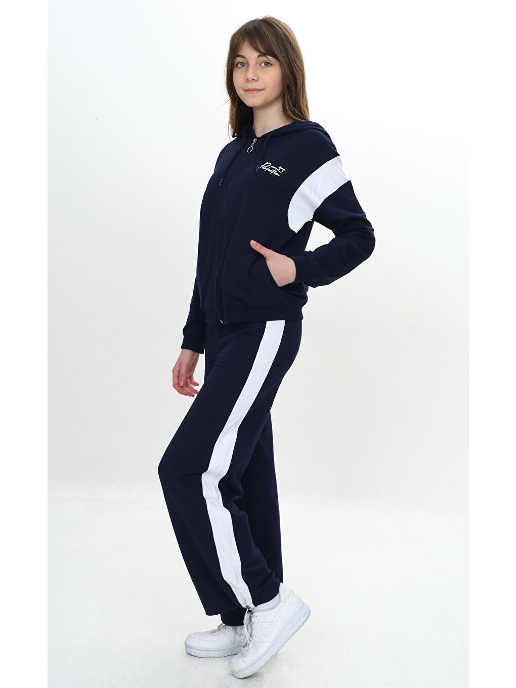 Lacivert Kız Çocuk Fermuarlı Garni Detaylı Eşofman Takım-2