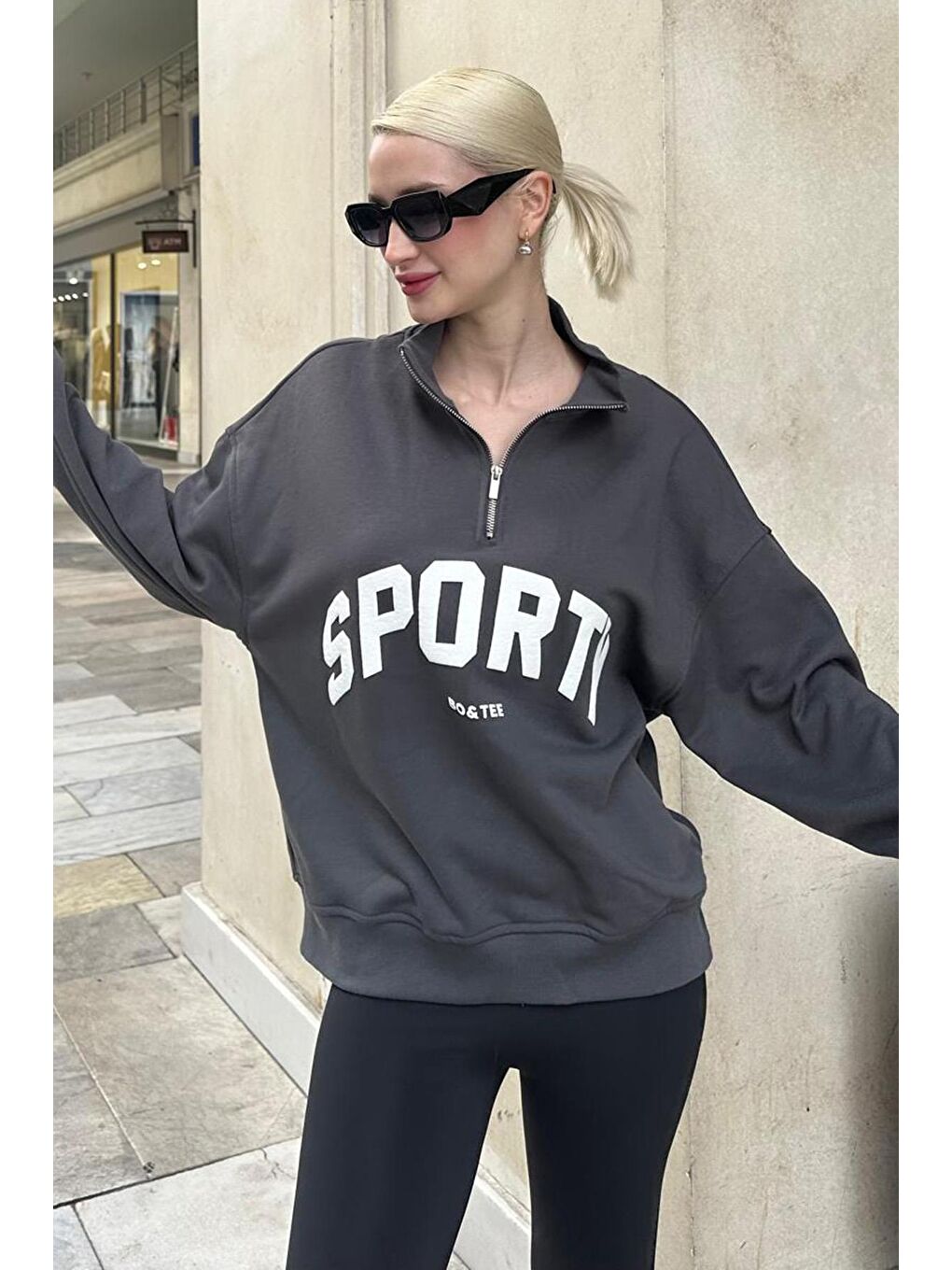 Madmext Gri Füme Yarım Fermuarlı Baskılı Sweatshirt MG2212 - 2