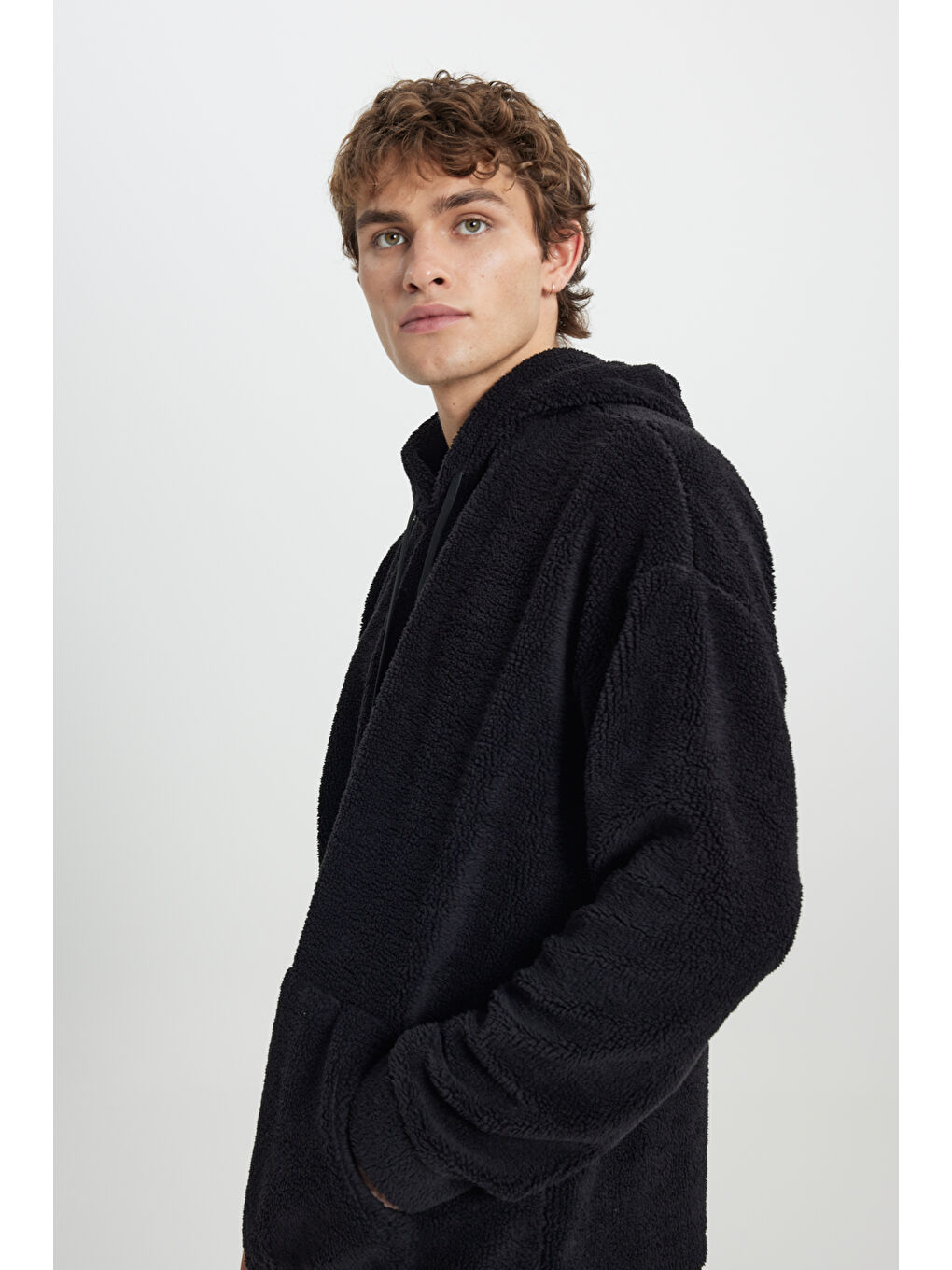 Erkek Siyah Oversize Bol Kesim Kapüşonlu Polar-2