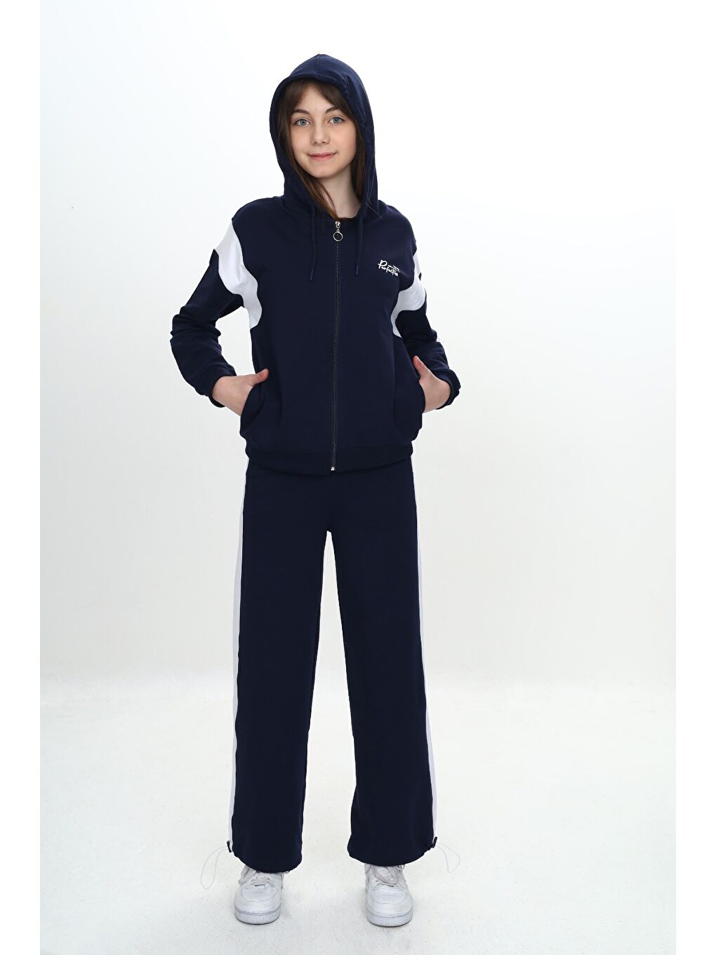 Lacivert Kız Çocuk Fermuarlı Garni Detaylı Eşofman Takım-4