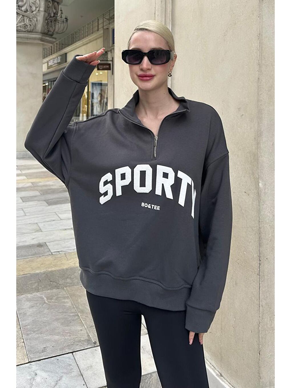 Madmext Gri Füme Yarım Fermuarlı Baskılı Sweatshirt MG2212 - 3