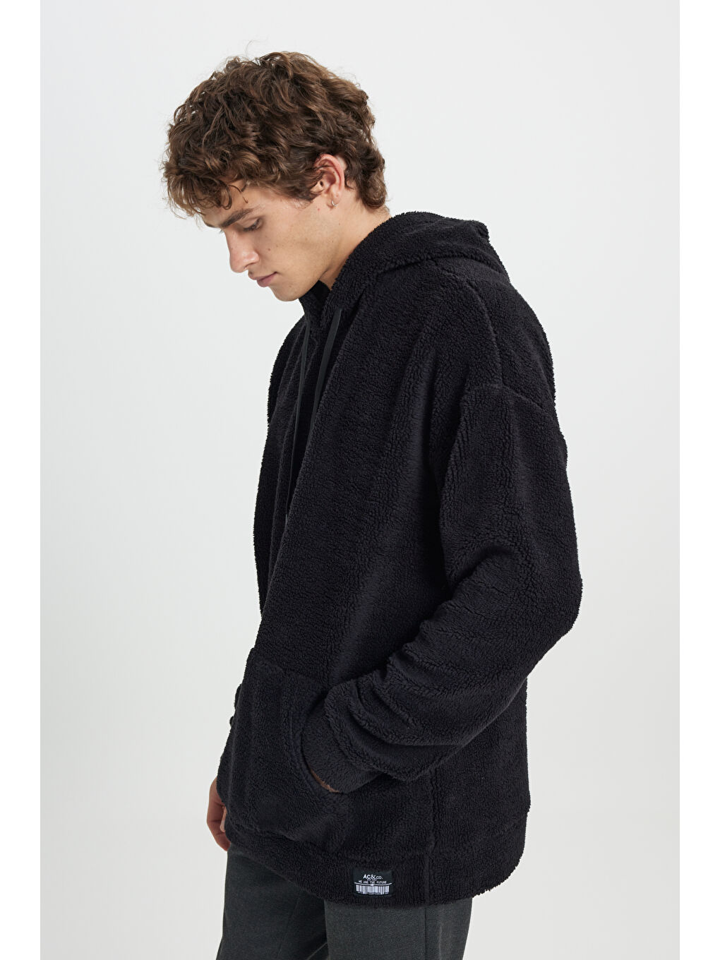 Erkek Siyah Oversize Bol Kesim Kapüşonlu Polar-3