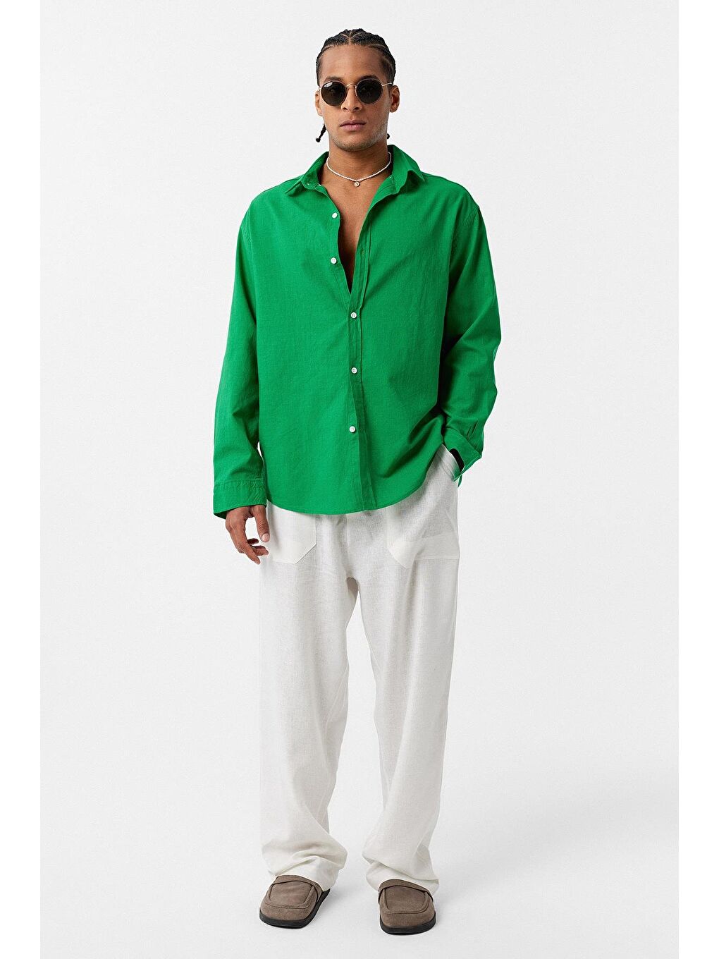 Basic Oversize Pamuk Keten Gömlek Yeşil