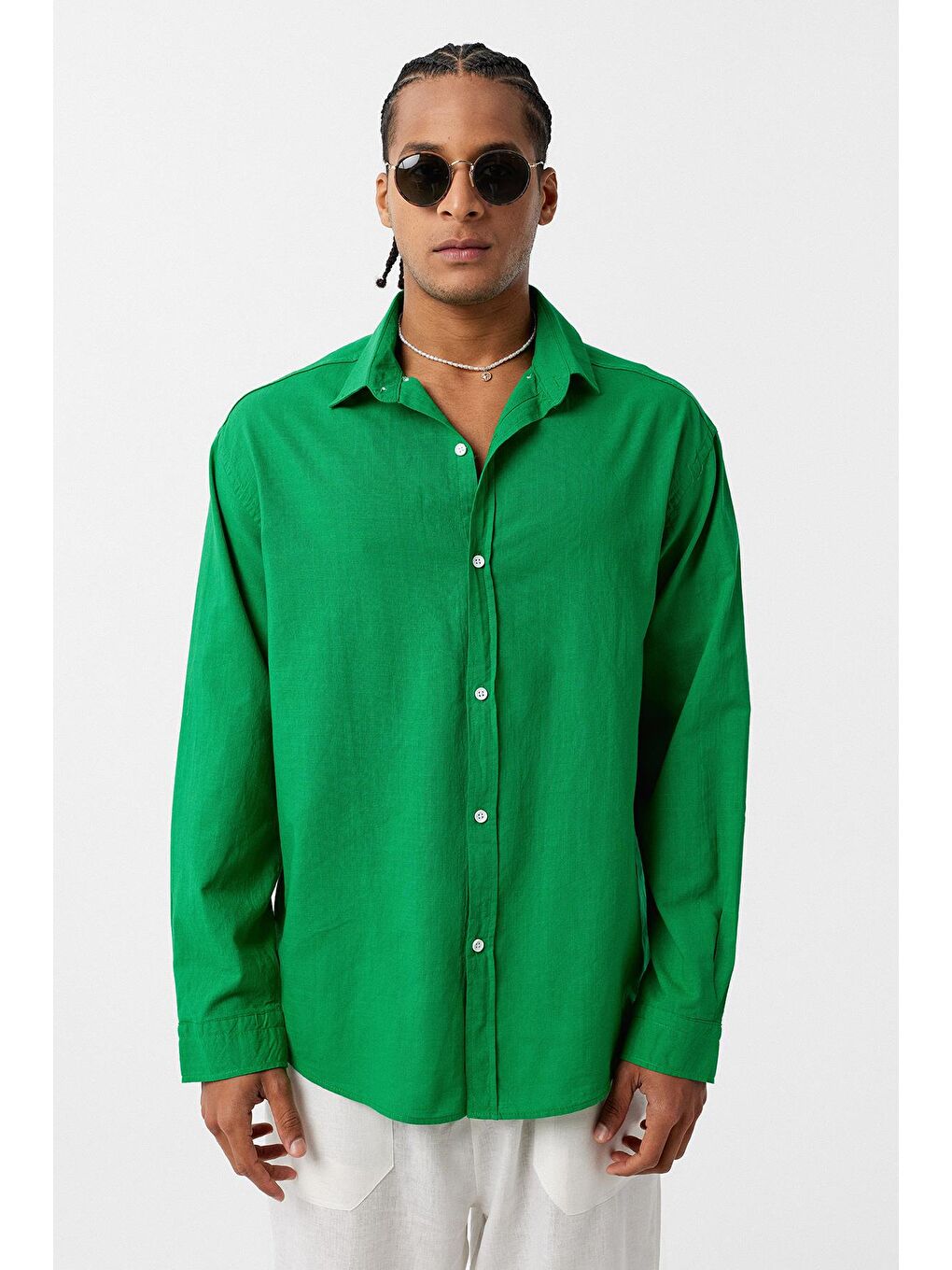 Basic Oversize Pamuk Keten Gömlek Yeşil-2