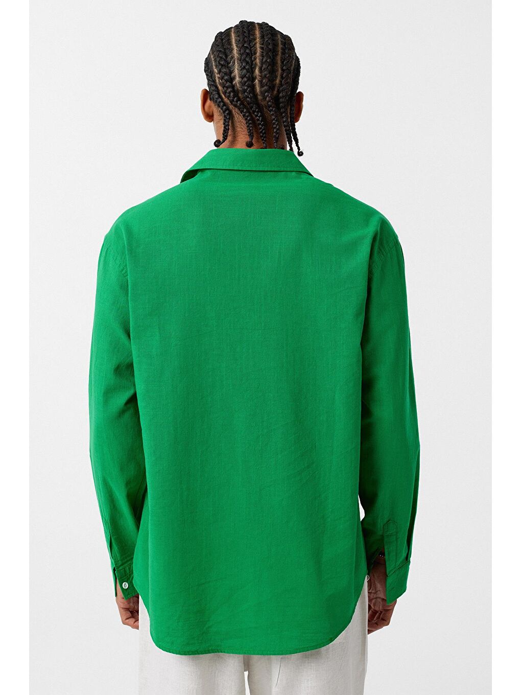 Basic Oversize Pamuk Keten Gömlek Yeşil-4