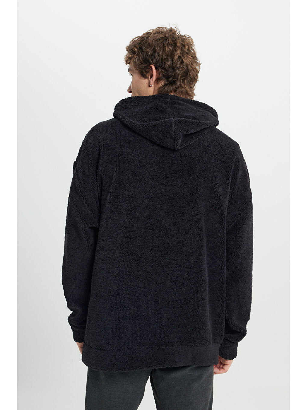 Erkek Siyah Oversize Bol Kesim Kapüşonlu Polar-5