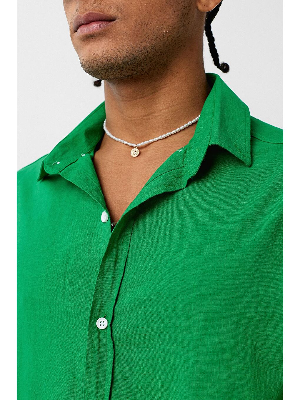 Basic Oversize Pamuk Keten Gömlek Yeşil-5