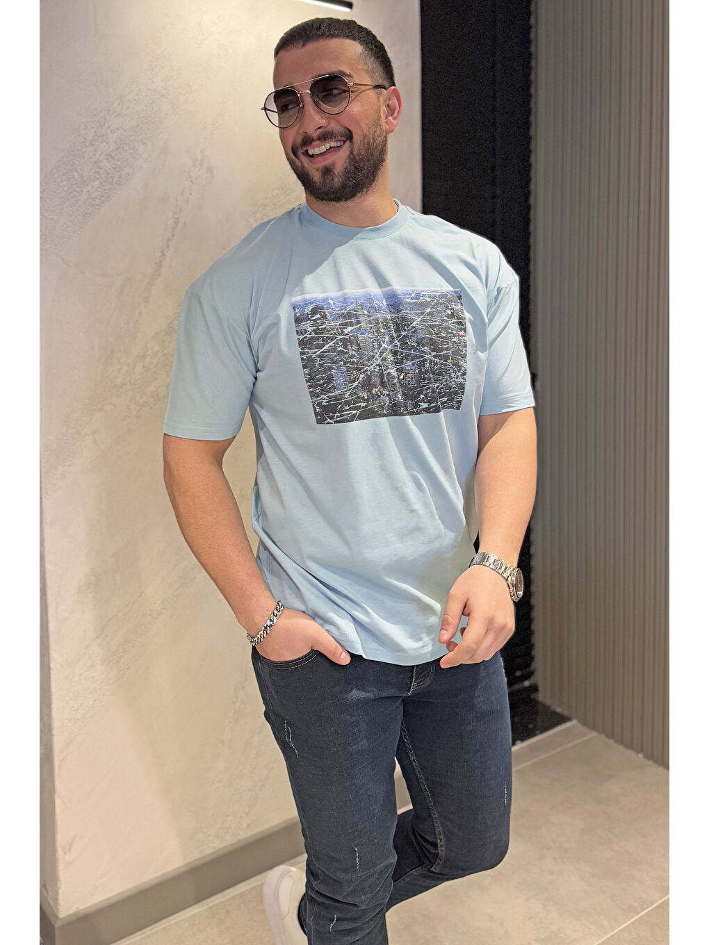 Mavi Erkek Bisiklet Yaka Baskılı Oversize Tişört