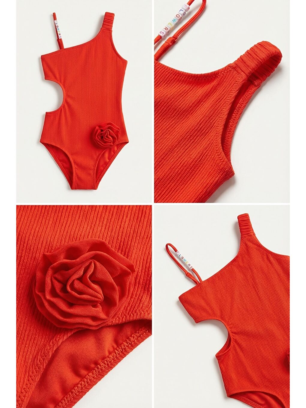 Kırmızı Kız Çocuk Floral Outburst Gül Aksesuarlı Mayo Nar Çiçeği-1