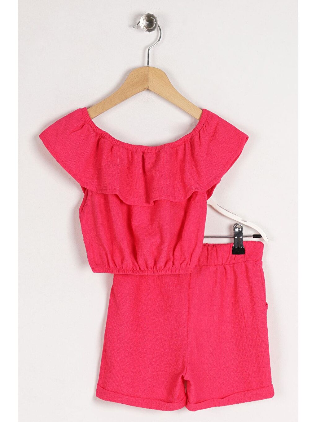 Kayıkçı Yaka Omuz Detaylı Fırfır Kollu Beli Lastikli Cep Detaylı Fuşya Renk Kız Çocuk Şortlu Takım-3