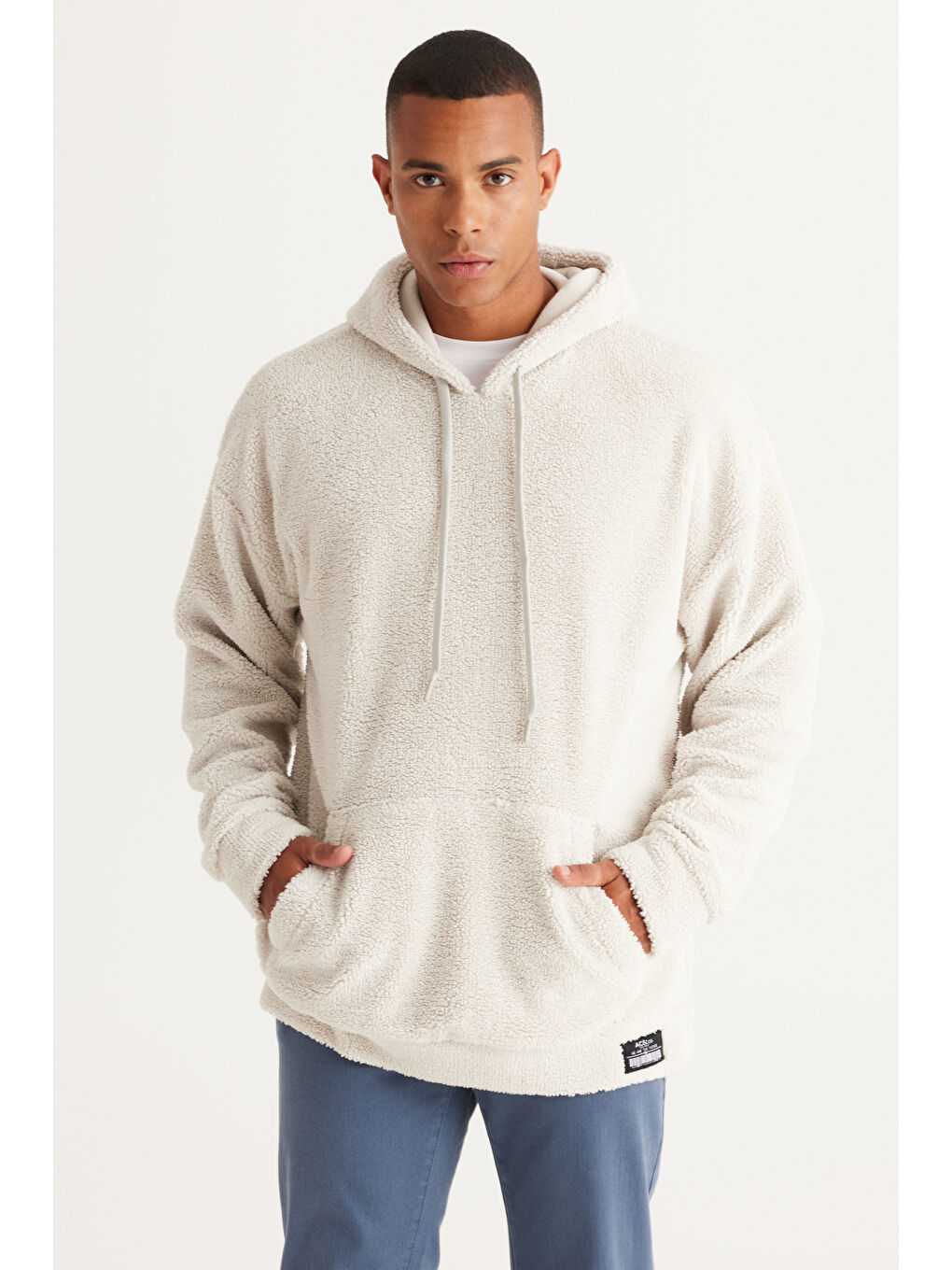 Erkek Bej Oversize Bol Kesim Kapüşonlu Polar