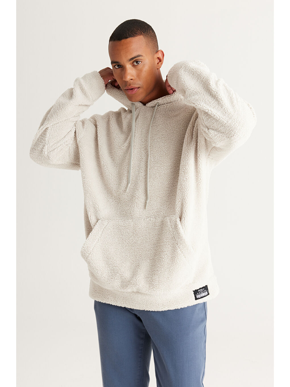 Erkek Bej Oversize Bol Kesim Kapüşonlu Polar-1