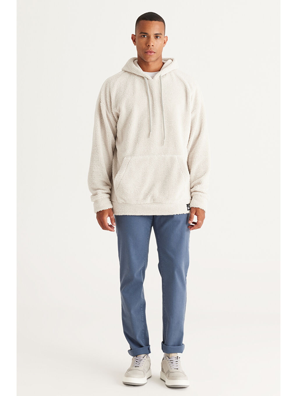 Erkek Bej Oversize Bol Kesim Kapüşonlu Polar-3