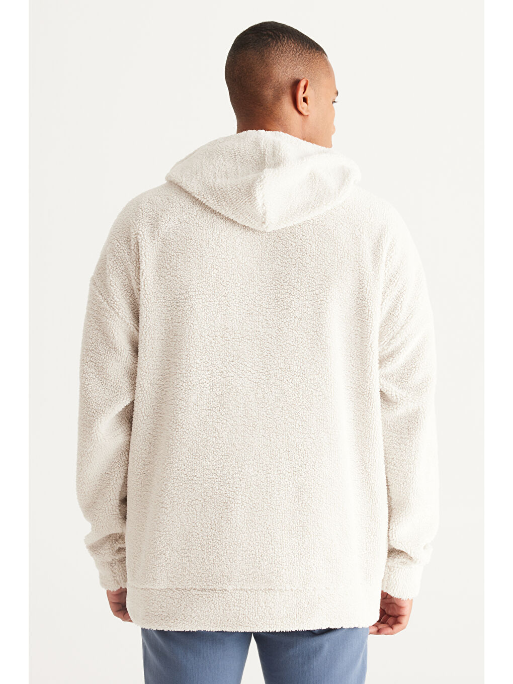 Erkek Bej Oversize Bol Kesim Kapüşonlu Polar-4