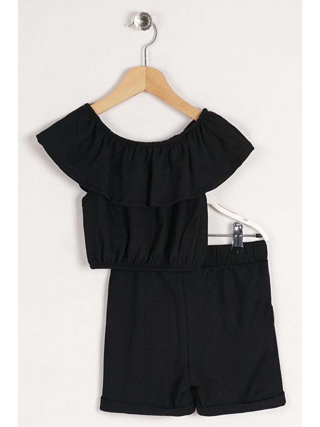 Kayıkçı Yaka Omuz Detaylı Fırfır Kollu Beli Lastikli Cep Detaylı Siyah Renk Kız Çocuk Şortlu Takım-3