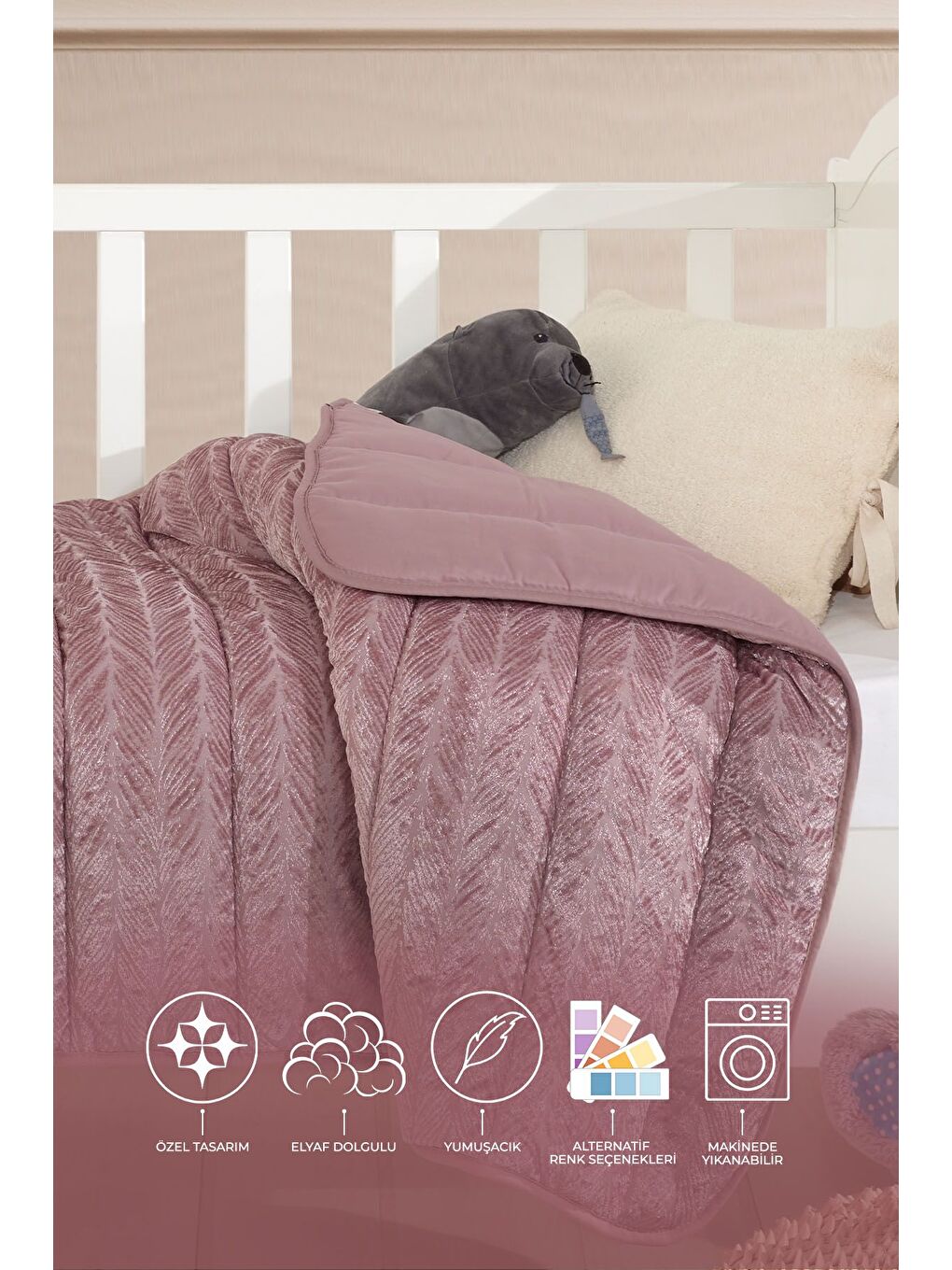 Pembe Velvet Bebek Yorgan (150x100 cm) Gülkurusu-1