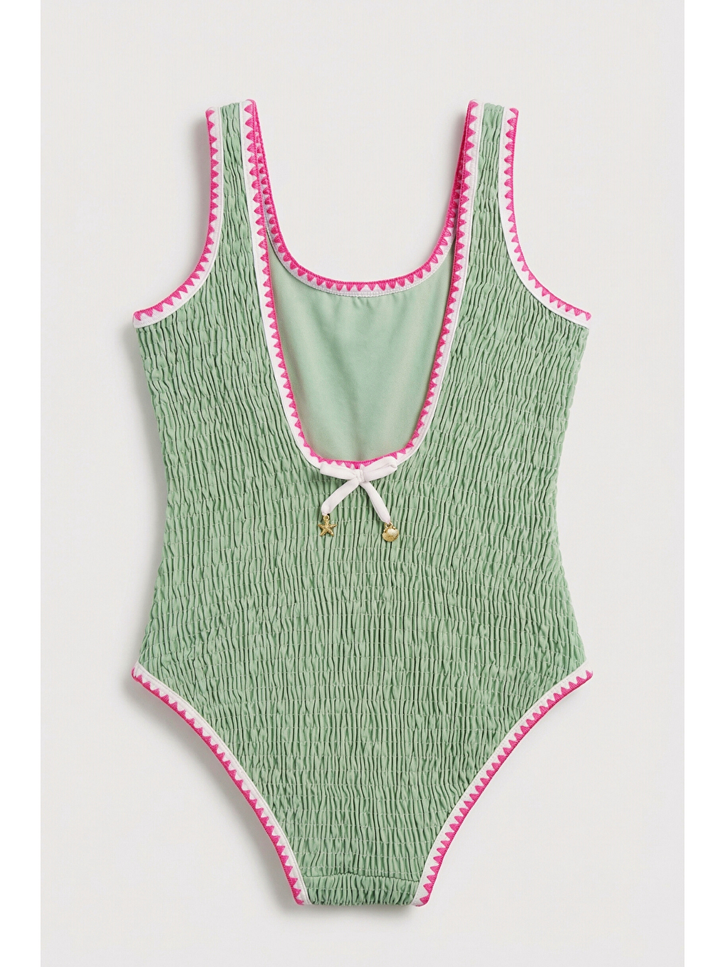 Kız Çocuk Sea La Vie Yeşil Büzgü Dokulu Pembe Biyeli Mayo-1