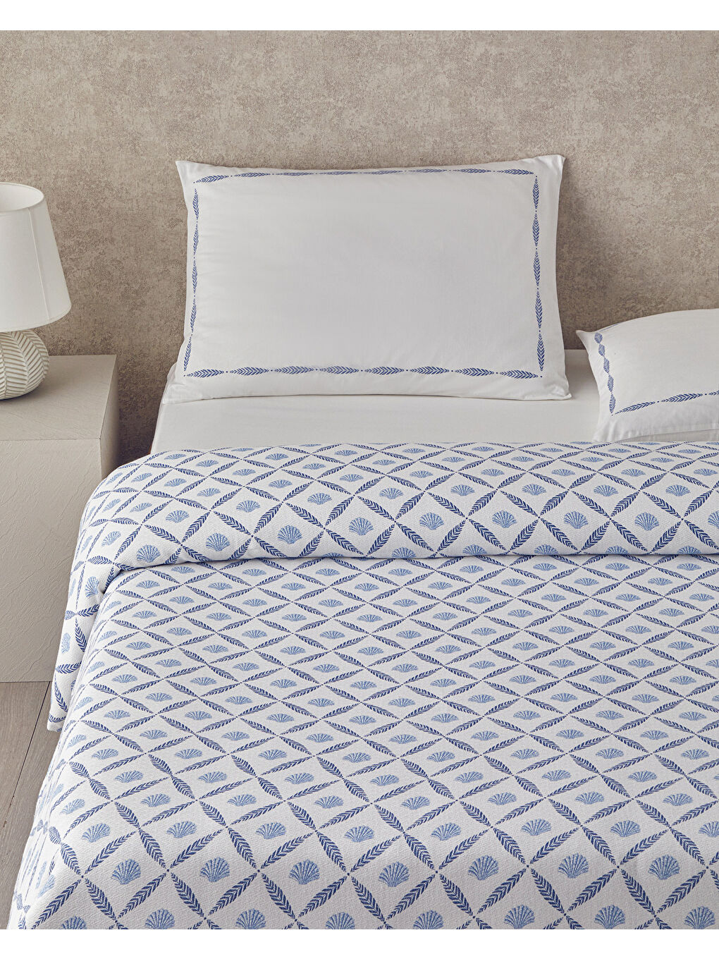 Sea Shell Baskılı Tek Kişilik Pike Takımı 150x220 cm Mavi-1