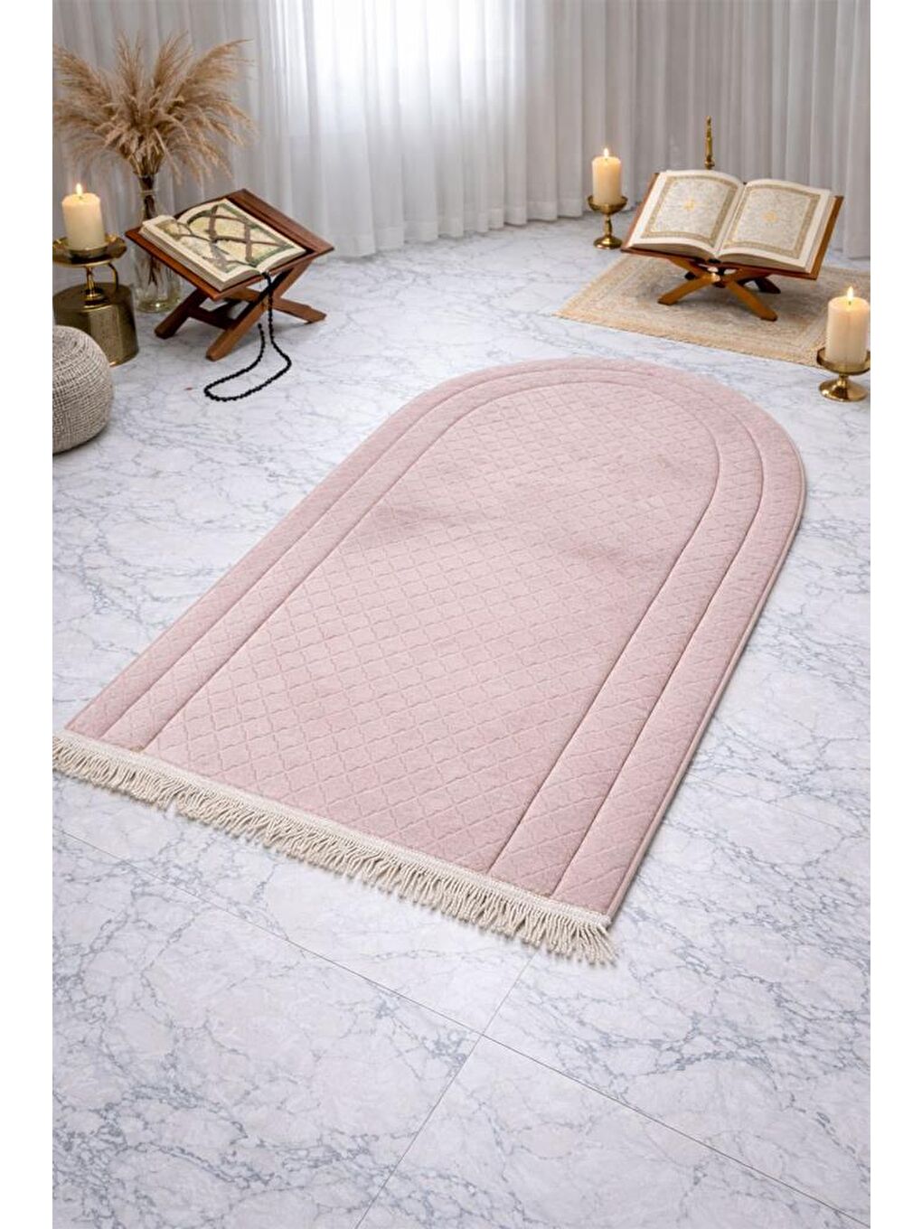 Pembe Çeyizdiyarı Nesibe Kadife Dolgulu Seccade Pudra