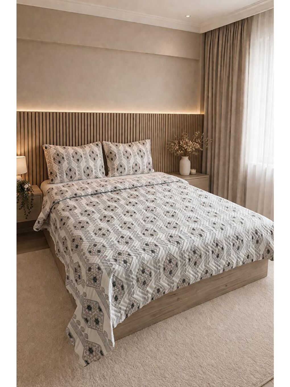 Ultrasonik Kapitoneli Zentera Çift Kişilik Pike Takımı 195x235 cm Bej