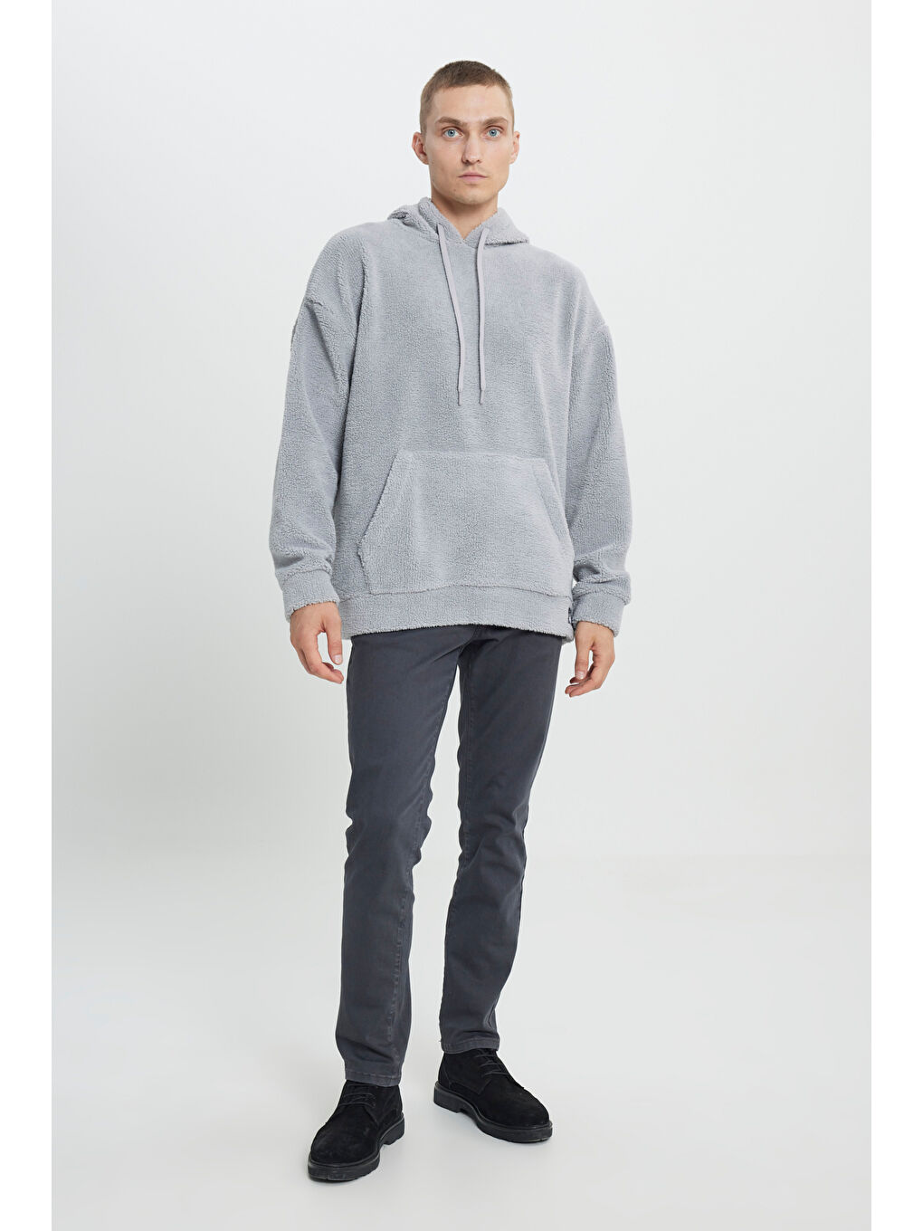 Erkek Açık Gri Oversize Bol Kesim Kapüşonlu Polar-1